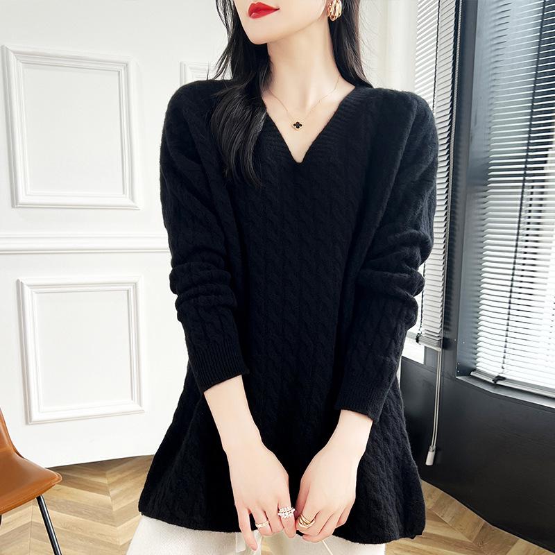 Women's Mid-Length Cable Knit Wool Sweater - Soft, Loose, V-Neck, Perfect for Autumn and Winter, Wear as Outer or Base Layer.