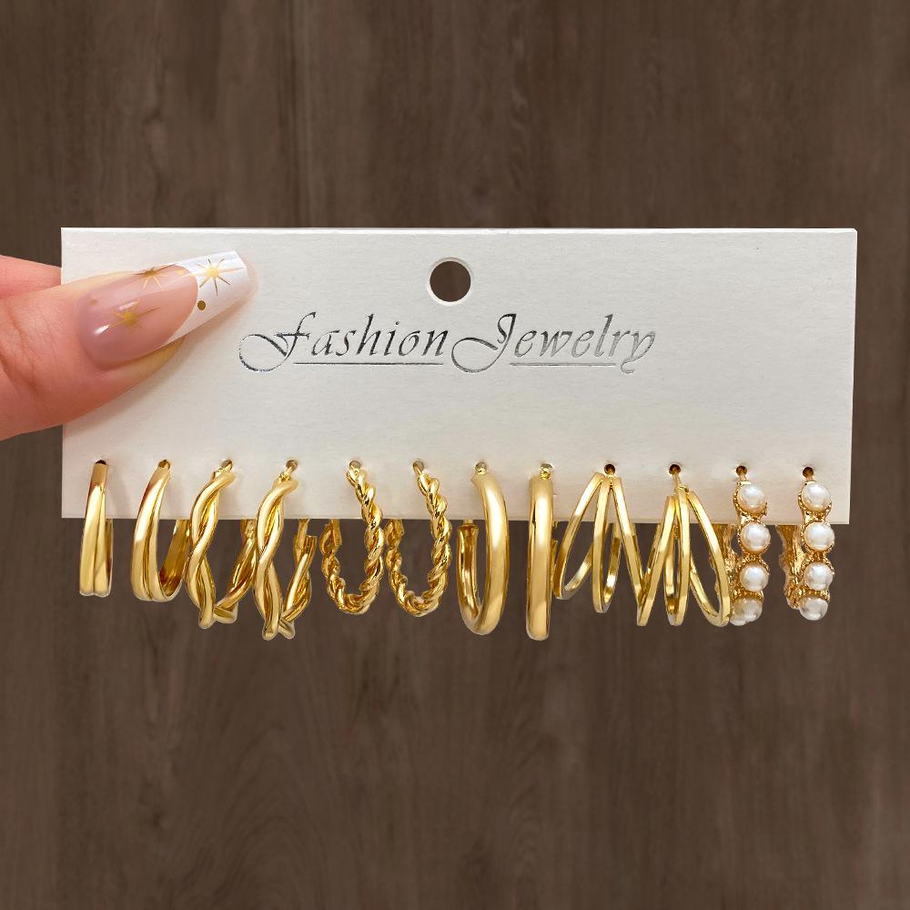 Геометрические многослойные серьги с жемчугом типа C, серьги-гвоздики, 6 пар, набор сережек-карт, комбинированные женские