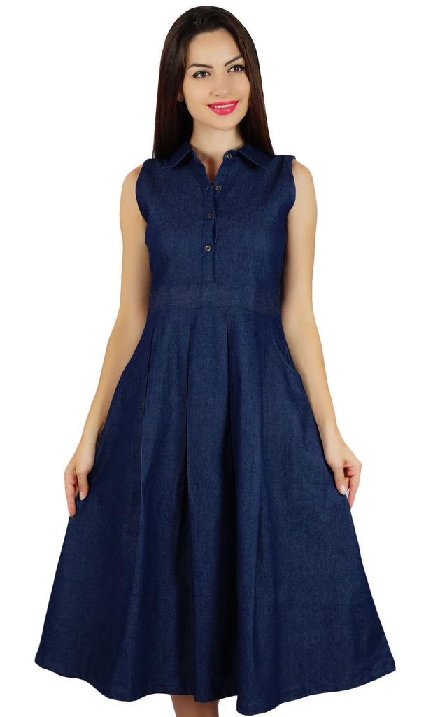 Bimba Womens Pleated A-line Dress With Pockets Casual Denim Shift Shirt