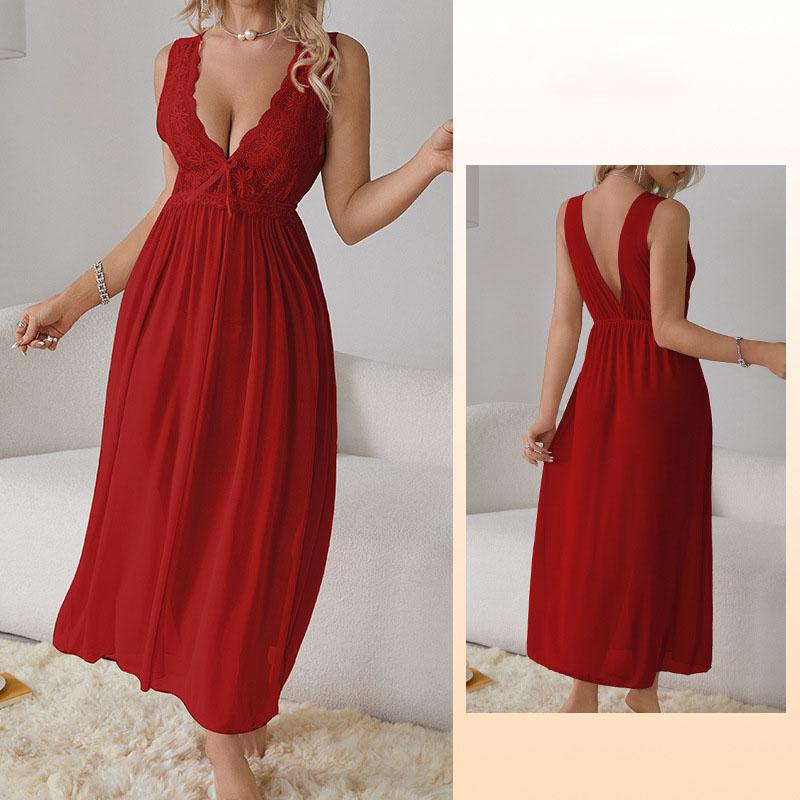 

Сексуальная Глубокий V Длинная ночная рубашка Кружева Бантик Перспектива Нижнее белье Шифоновая сетчатая ночная рубашка Элегантная женская пижама L вино красного