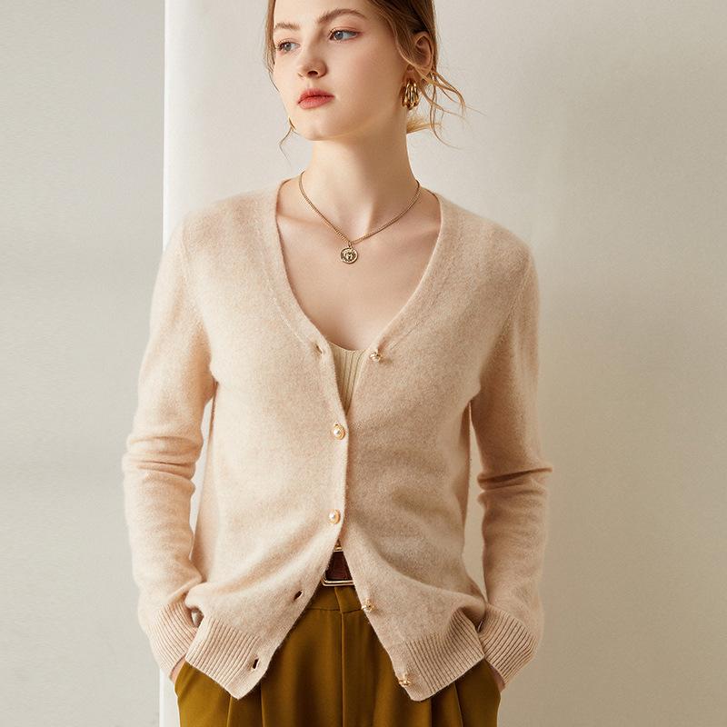 Women's V-Neck Cashmere Cardigan – Thin, Loose, Casual Knit Sweater for Autumn/Winter