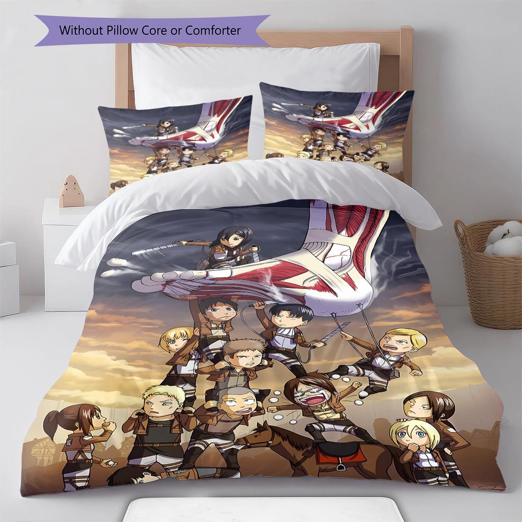 Attack on Titan Pattern Bedding,Quilt Set Quilt Cover Pillowcase Home Birthday Gift (1 * duvet cover + 2 * pillowcase, without core)