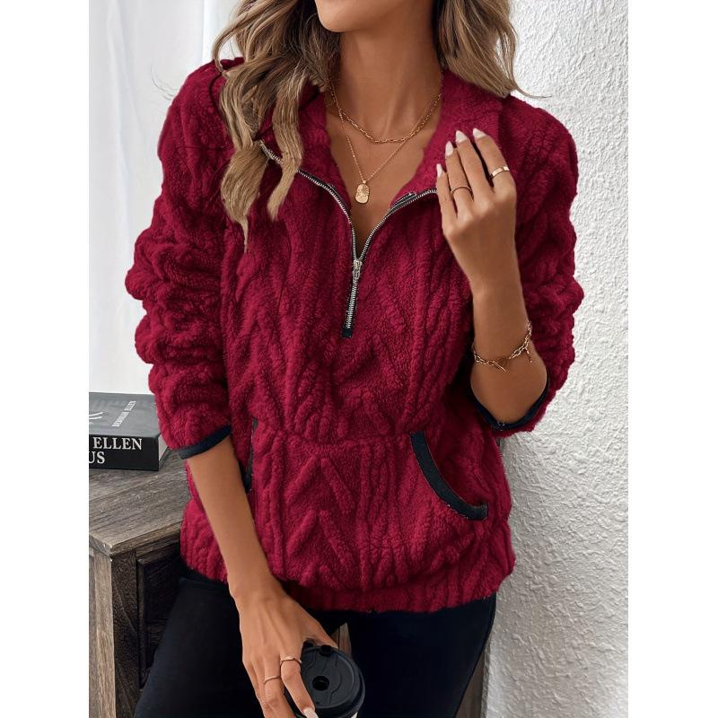 Autumn and Winter New Style Lapel Jacquard Half-zip Plush Pocket Short Sweatshirt for Women