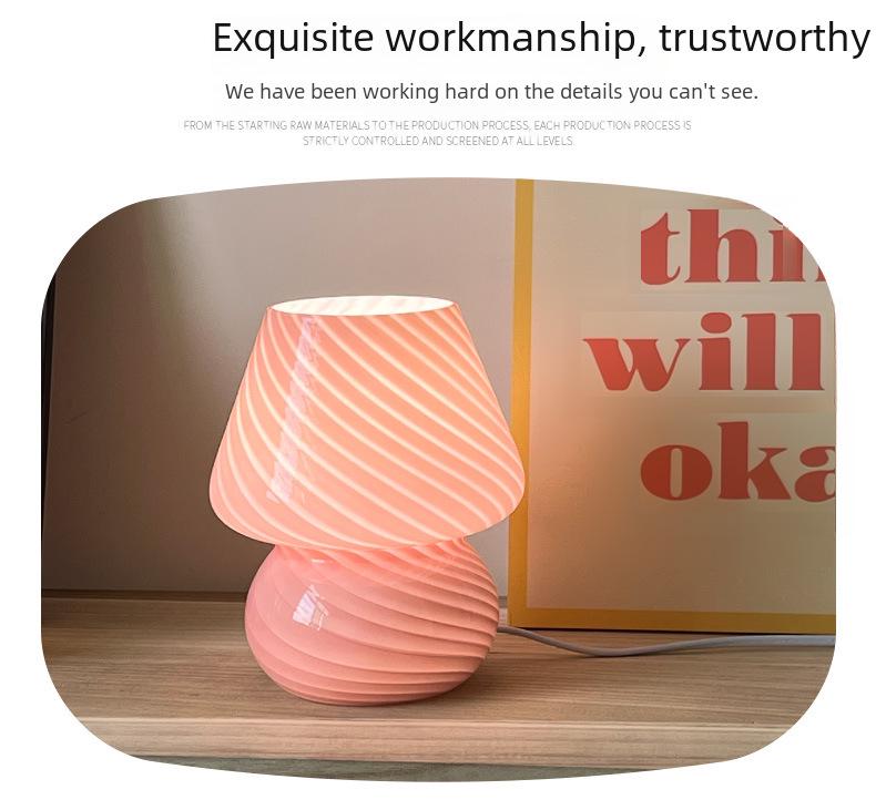 American Medieval Vintage Striped Glass Mushroom Table Lamp with USB - Retro Bedside Night Light
