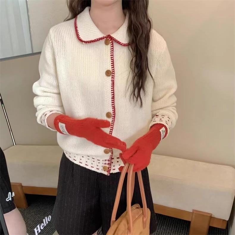 Women's Korean Sweet Style Color Block Cardigan - Turn-Down Collar, Slimming, Single-Breasted Knitted Sweater for Spring/Autumn