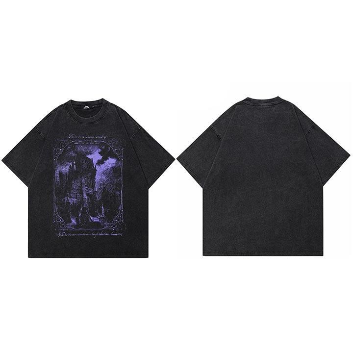 Hip Hop Washed Black T-Shirt Streetwear Vintage Purple S