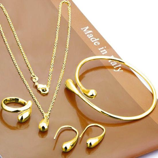 4 Pcs/Set Women Jewelry Set Water Drop Shape Polished Metal Adjustable Open Design Earrings Necklace Bangle Ring Set Lady Daily Jewelry