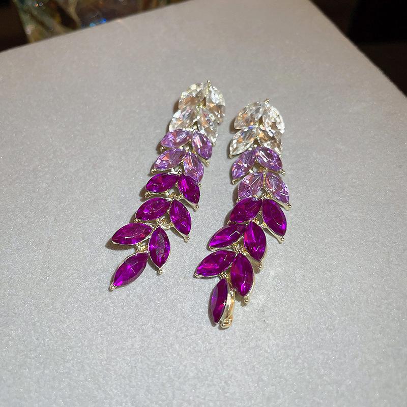Øredobber med strass i koreansk stil, lilla krystallblad-dangle-øredobber for kvinner, zirkon