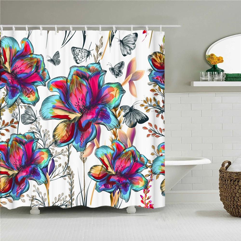 Jy01Colorful Beautiful Flowers Bath Curtain Waterproof Fabric Shower Curtains Floral Rose Printing Bathroom Screen Decor With @1
