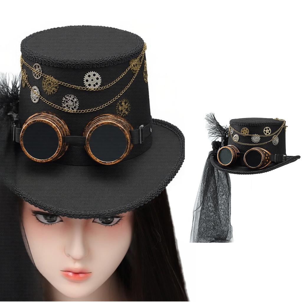 Gothic Lace Veil Tall Hat With Goggles and Metal Chain Gear Design Soft Wool Top Hat For Renaissances Fairs and Concerts