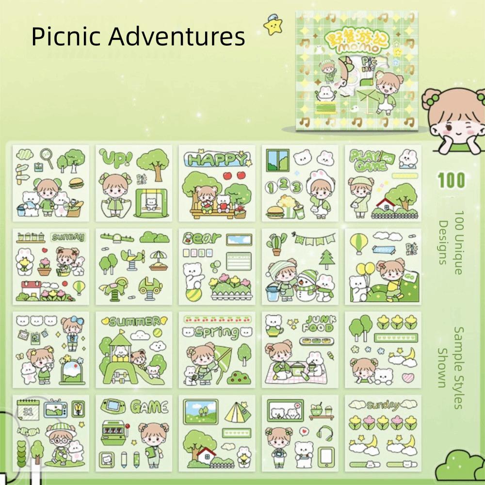 

100 Sheets Cute Cartoon Stickers Transparent Hand Ledger Sticker Girls Children Use зелений
