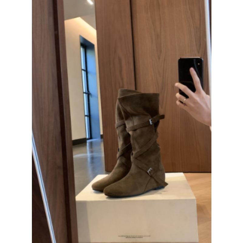 Herbst und Winter Höhe Zunahme cm~ runde Zehen flacher Boden Wildleder Stiefel mit Schichtabsatz mittelhohe Stiefel Damen Stiefel mit dicker Sohle