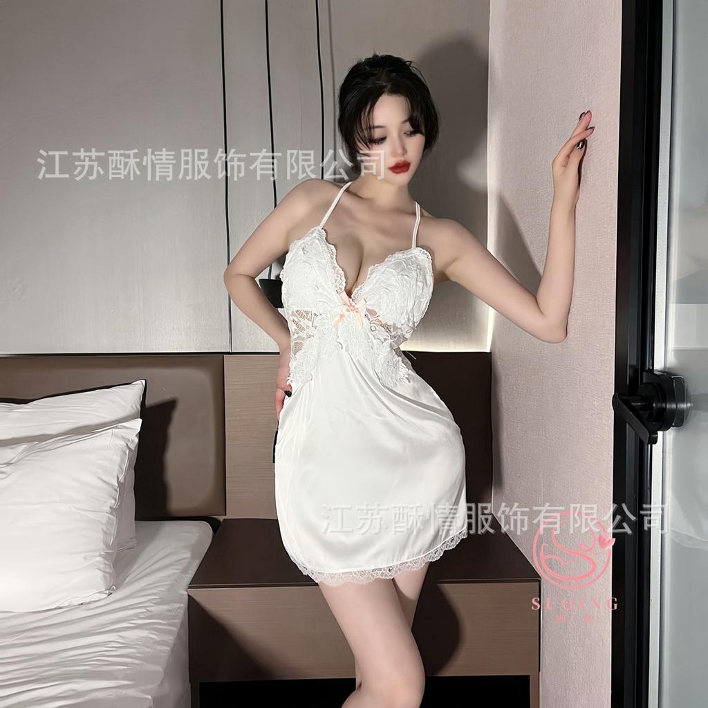 Suspender nightdress sexy backless new model with chest pad ice silk lace solid color pure desire wind