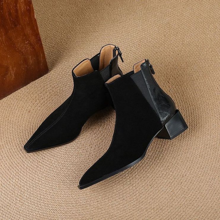 Brown Chelsea Boots Women's Pointed Boots Thick Heel Mid Heel Autumn and Winter Zipper Short Boots Fashion Retro Short Boots Versatile