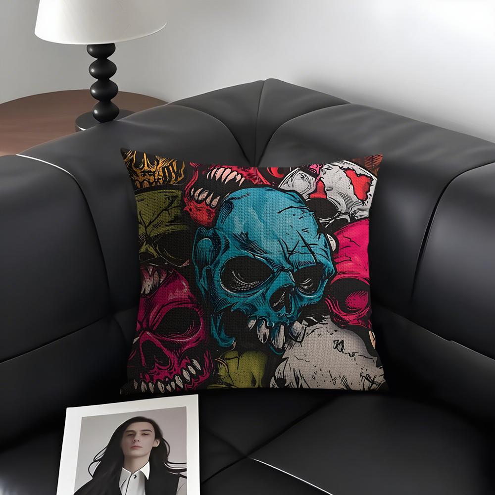 Colorful Skull Cool Cushion Cover Natural Linen Organic Fabric Double-Sided Printing Sofa Home Decor Gift Pillow Case
