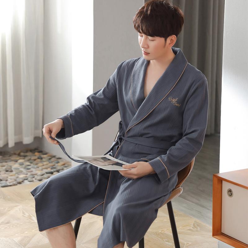 Nightgown Men'S Pajamas Men'S Bathrobes Spring And Autumn Autumn Cotton Long-Sleeved Loungewear Cotton Long-Size Bathrobe