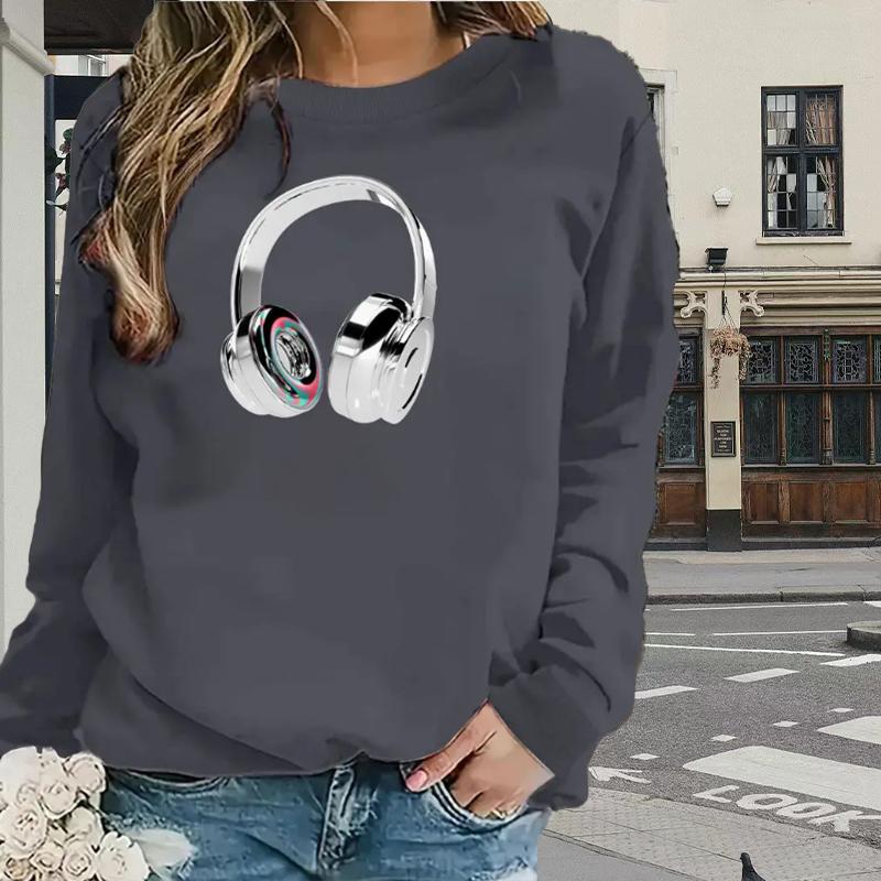 

Топы для женщин Простые наушники Принт Круглый вырез Длинный рукав Футболка Осенний повседневный тонкий пуловер Женский длинный рукав Топ XS серый