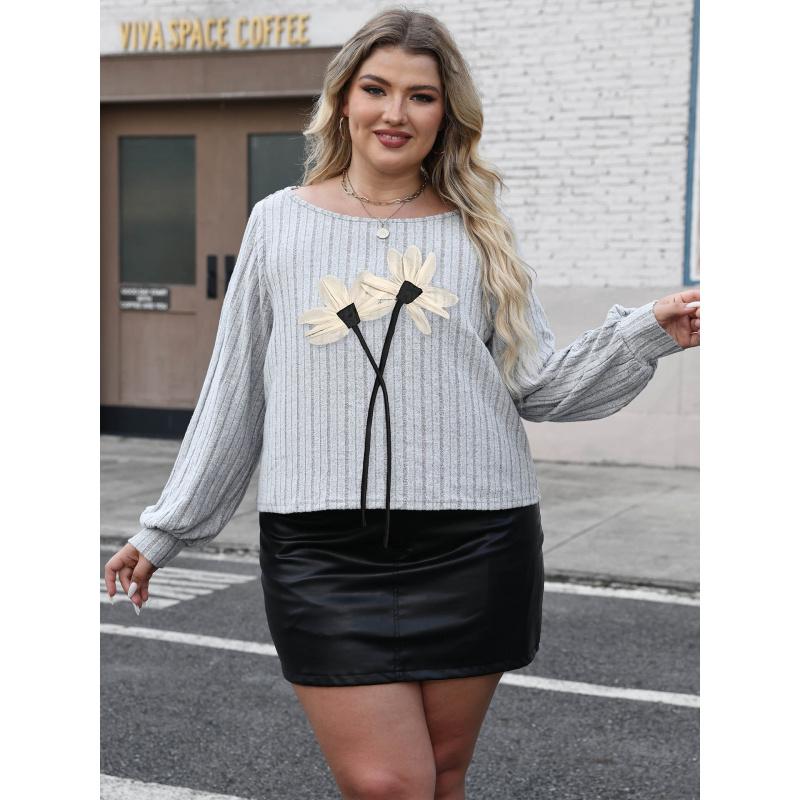 Mesh 3D Floral Patchwork Round Neck Top Women's Autumn Base Shirt Plus Size Women's Casual T-Shirt