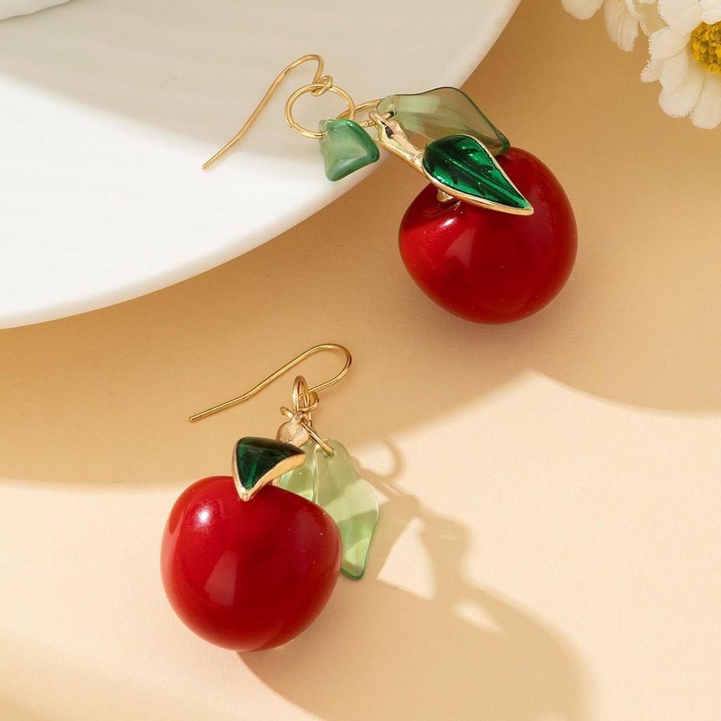 Japanese & Korean Cherry Earrings: Internet Trend, Exquisite Green Leaf Design, Cute Cartoon Resin Style for Students