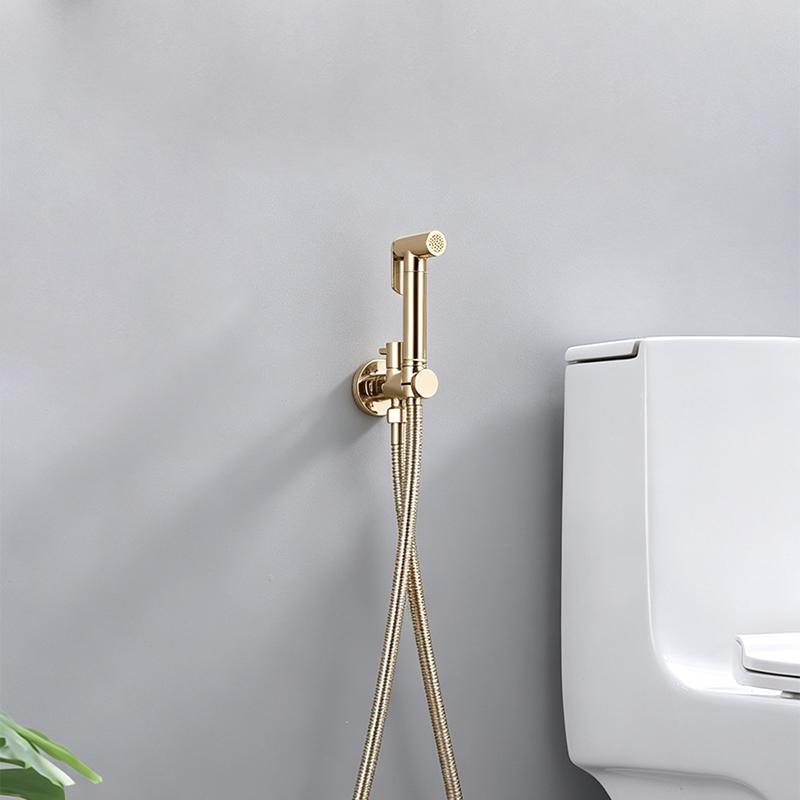 Brushed Gold Solid Brass Bidet Sprayer Set Handheld Shattaf Muslim Toilet Shower Wall Mounted Eco-Friendly Hygiene Faucet Spring