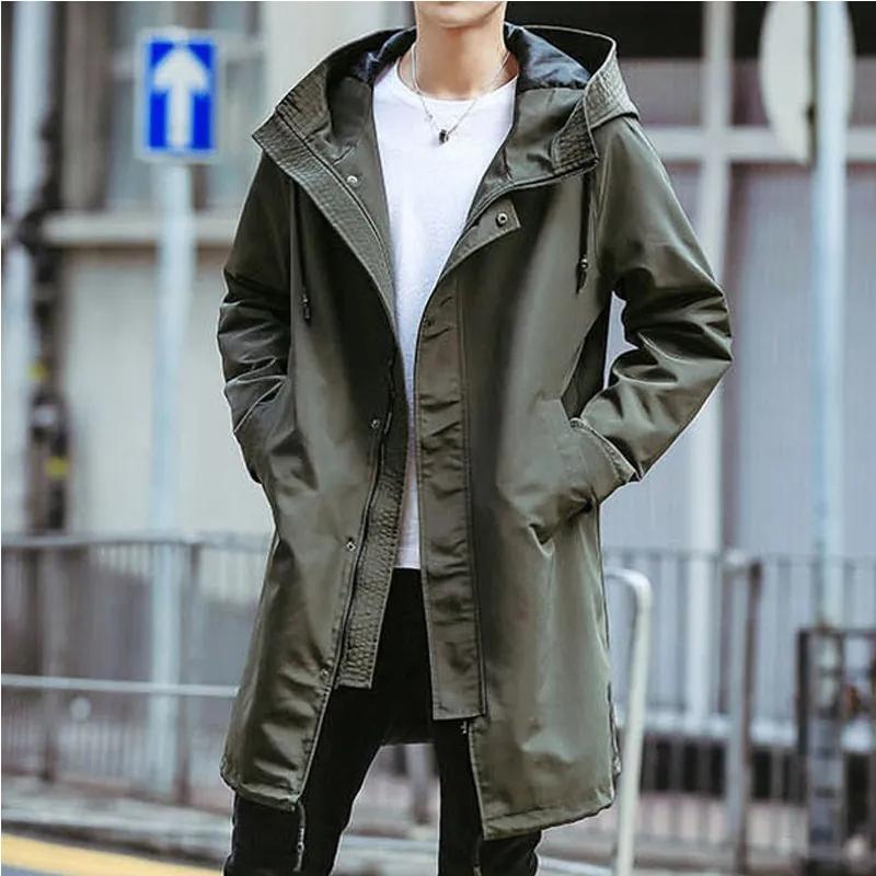 Herrenmode Kapuzen-Windbreaker Schwarzer Übermantel Freizeitjacken Frühling Herbst Langer Trenchcoat