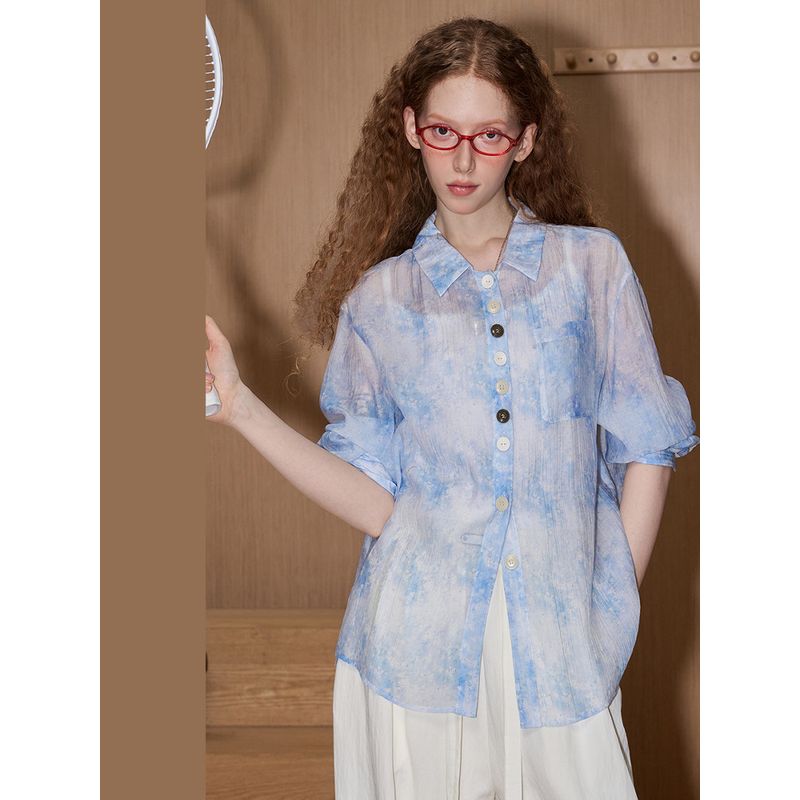 Coolhut Watercolor Tie-Dye Thin Loose Lazy Long-Sleeve Sun-Shading 2025 Summer Shirt Casual Tencel Comfortable