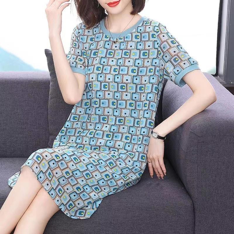 Ice Silk Short-sleeved Dress Women's Summer New Women's Plus-size Mid-length Fat Mm Slimming Flesh Skirt