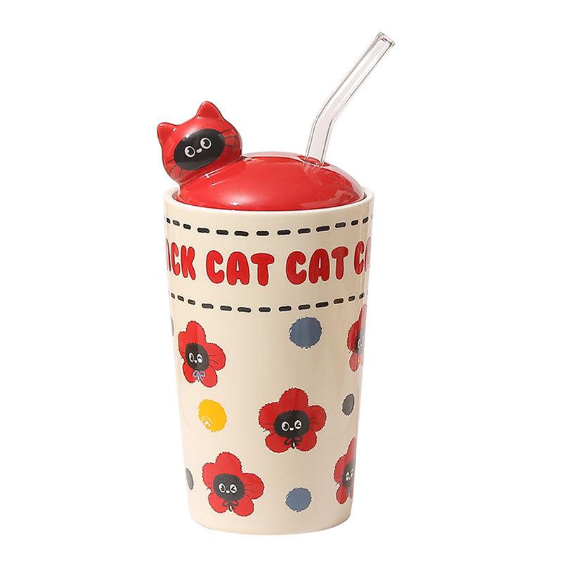 Cartoon Happy Kitten Ceramic Straw Cup Children's Household Cup with Cover Girly Heart Personalized Gift Souvenir