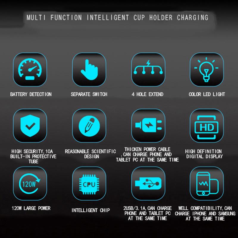 USB Car Charger Cup Holder Display Car Charger Cigarette Lighter Splitter With Voltage Display