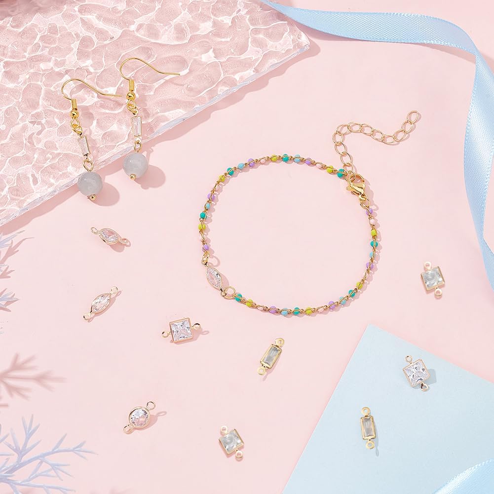 NBEADS 60 Pcs 6 Styles Cubic Zirconia Link Charm, Brass Micro Pave Charms Clear Cubic Zirconia Links, Horse Eye Square Rectangle Trapezoid Round Oval