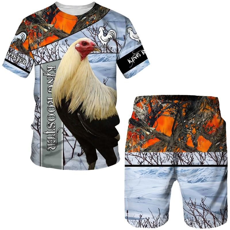 Cool King Rooster Hunting Camo T-shirt Shorts Suits for Men Summer Casual O-Neck Tees Male 3D Print Tracksuit Two Piece Sets