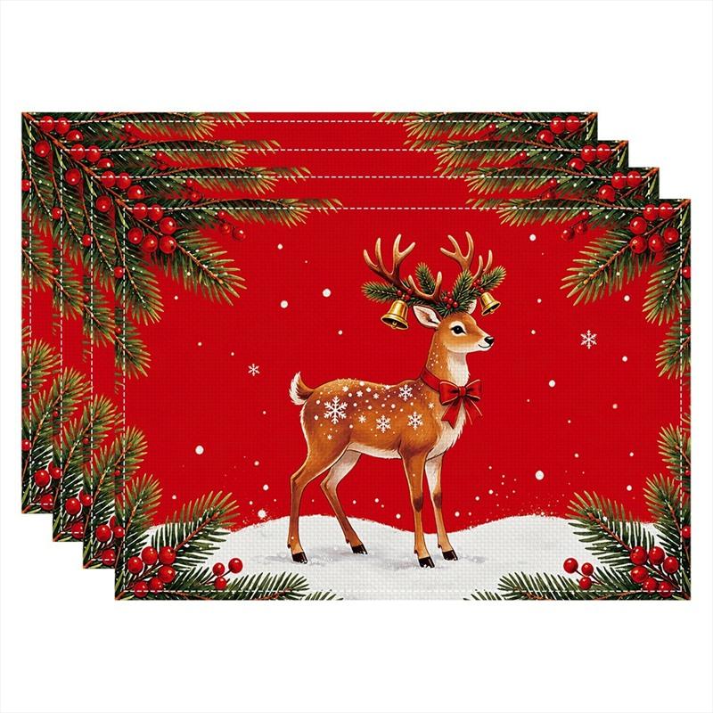 Linen Placemats Christmas Tree Gifts Snowflakes, Cream Green Red, Stain Resistant Easy to Clean, Dining Table