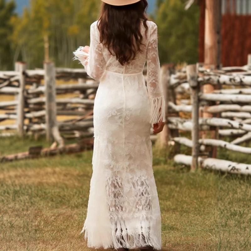 Damen Vintage Weiß Spitze V-Ausschnitt Langarm Quasten Saum Midi Kleid Hohe Taille Fließend A-Linie