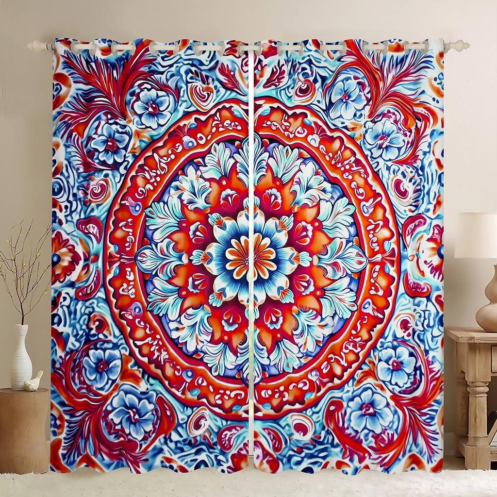 Room Darkening Mandala Curtain Vintage Tribal Exotic Floral Window Curtains Drapes Southwestern Colorful Retro Flower Bohemian Polyester Washable