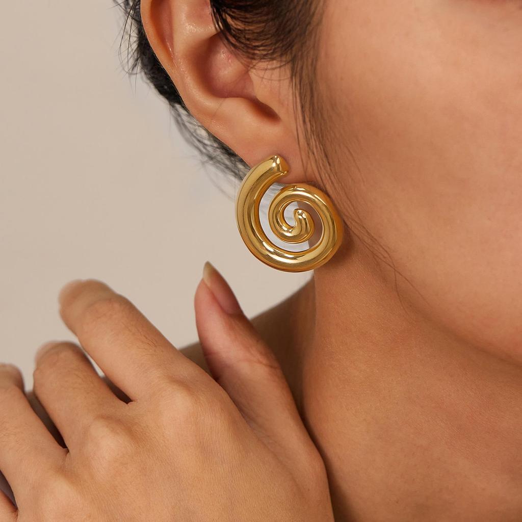Stainless Steel Gold Spiral Textured Geometric Earrings for Women - European & American Fashion