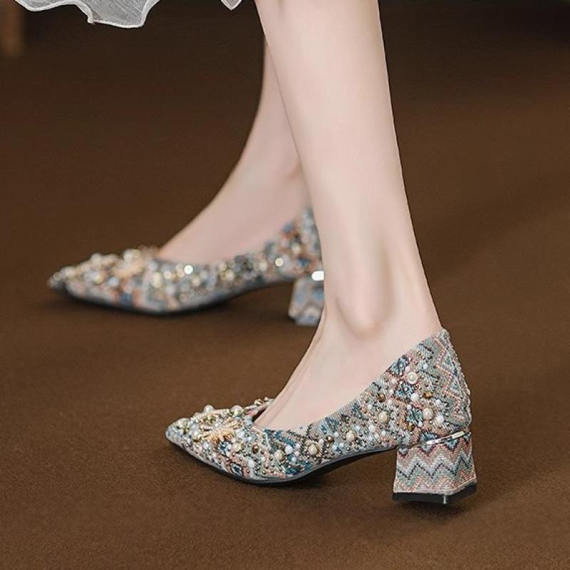 thick heel pointed French light mouth with skirt single shoes women's 2025 new four-season breathable evening shoes women's shoes non-slip
