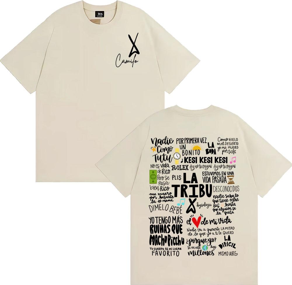 2025 Summer Singer Camilo La Tribu Album Letter Printed Tshirt Mens Fashion Retro Gothic Tshirt High Quality Cotton Tshirt