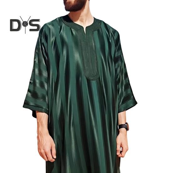 

Традиционный мужской длинный халат Ближний Восток Ретро одежда с круглым вырезом и половиной рукавов с вышивкой в ​​прямую полоску плюс размер до щиколотки Повседневная одежда Топ 4XL зелёный