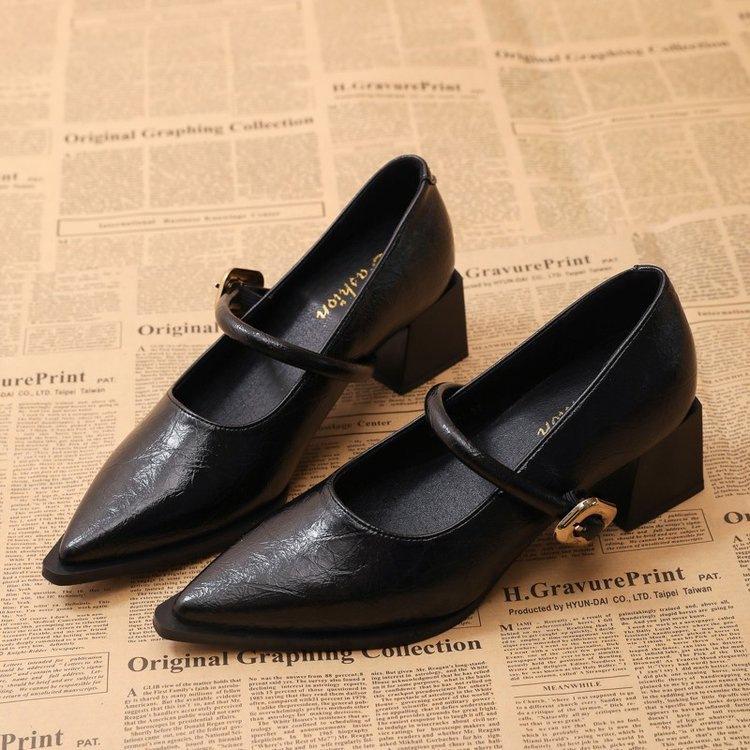 Autumn one-word pointed temperament high-heeled leather shoes women's new versatile retro Mary Jane single shoes