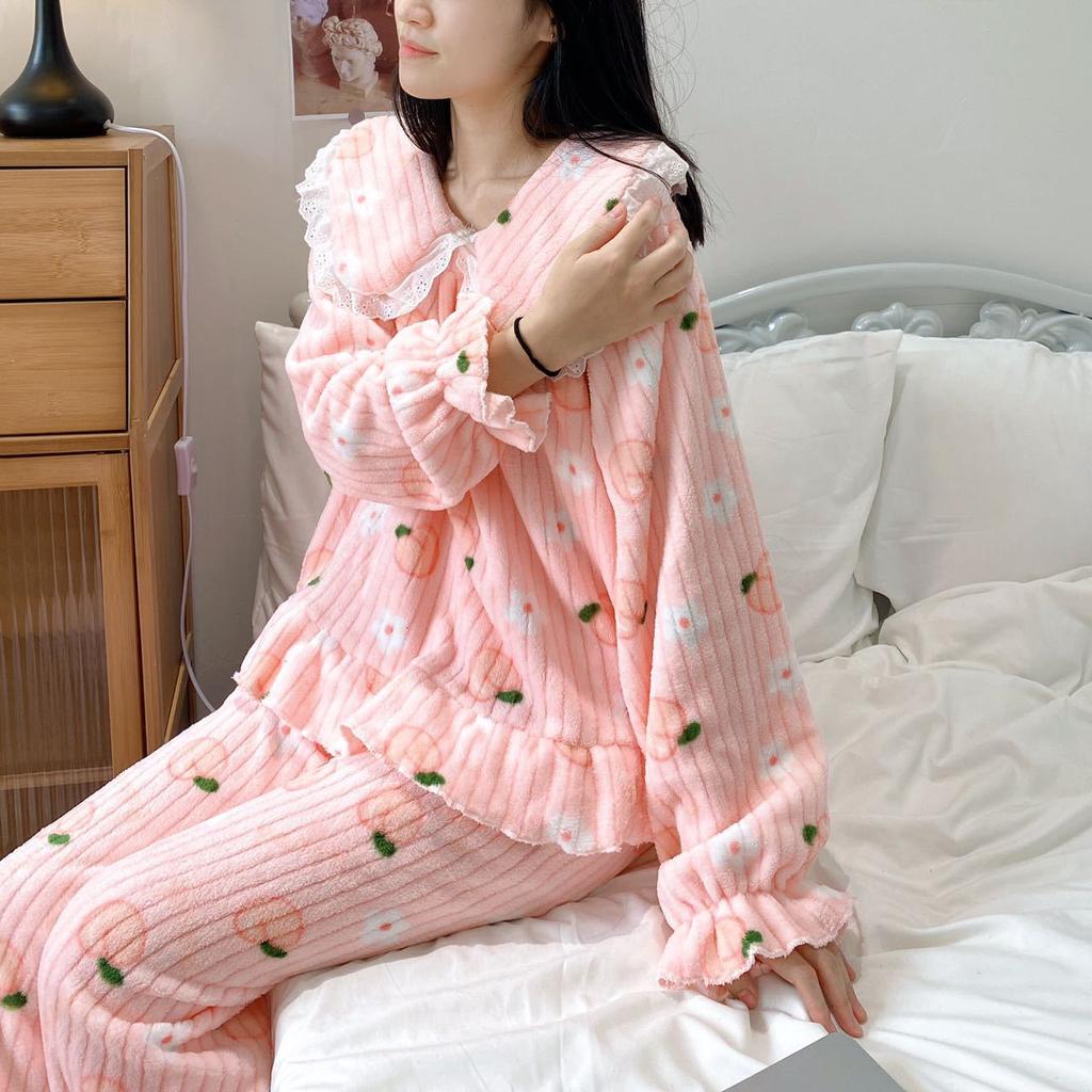Thickened Warm Sleepwear Loungewear for Winter Printed Peach Pajamas Homewear Coral Velvet 2PCS Set Cartoon Bear Cute
