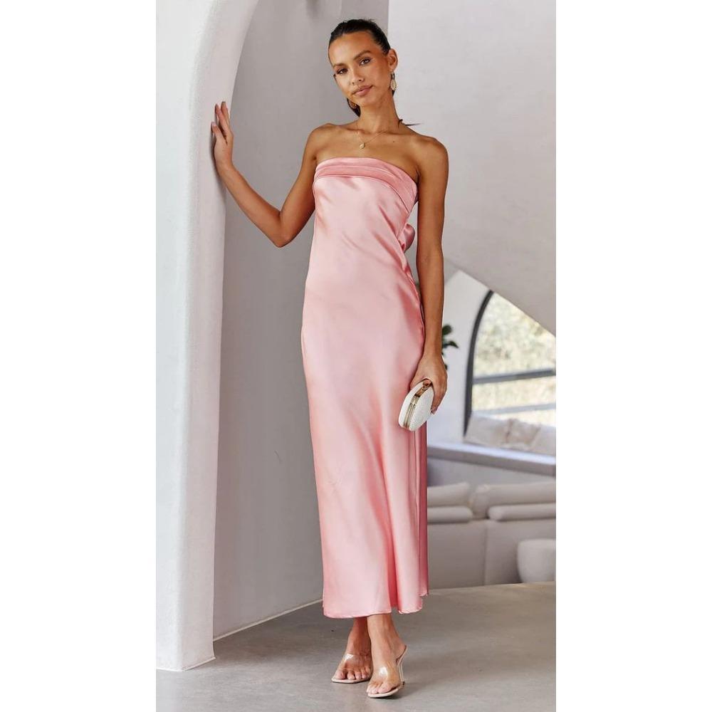 Spring and Summer New Style Elegant Lady Satin Backless Tube Top Dress Print