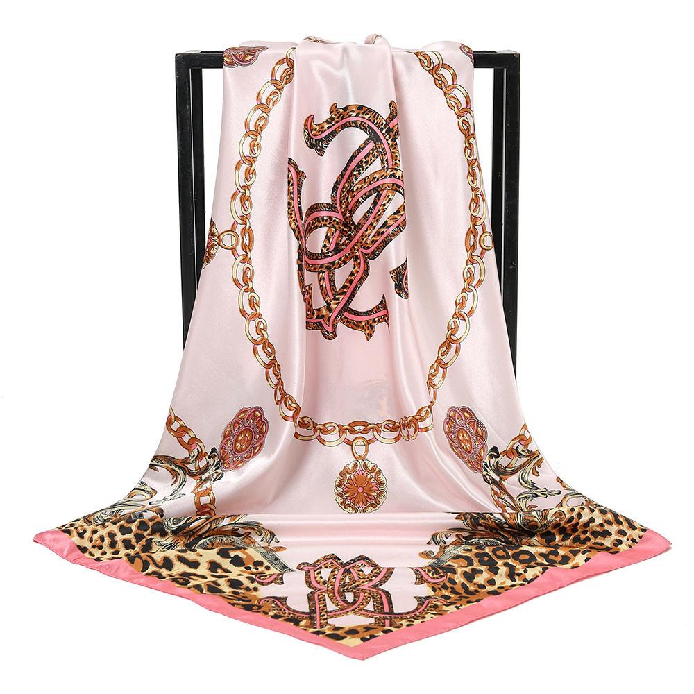 New Leopard Print Chain-embellished Satin Silk Scarf Headband, Versatile and Multi-purpose Faux Silk Scarf, Versatile Small Square Scarf