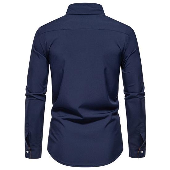 Rudeniniai vyriški marškiniai, apverčiami apykakle, sagos ilgomis rankovėmis, vientisos spalvos, plonos, vidutinio ilgio, laisvalaikio, formalaus verslo kelionei į darbą ir atgal.