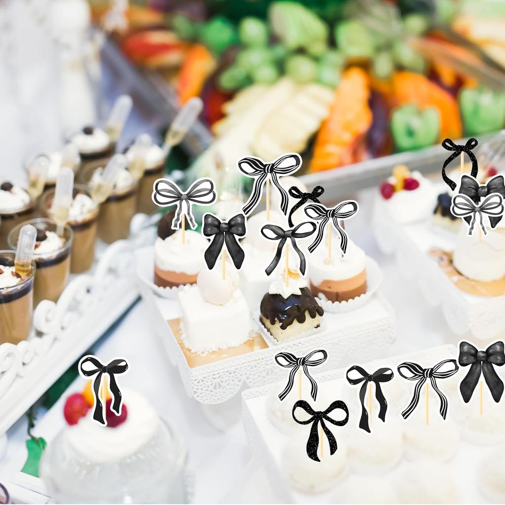 Coquete Birthday Party Decorations - 36PCS Black Bow Cupcake Toppers Decoration Bow Party Baby Shower Decor Supplies Bow Theme Bridal Shower