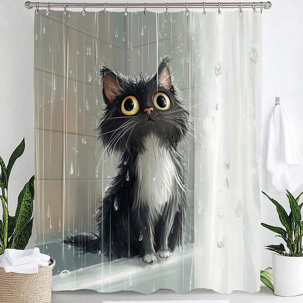 Cartoon Niedliche Katze für Badezimmer Duschvorhang, Dekorativer Duschvorhang, Bedruckter Stoff Vorhang für Zuhause Mit Haken
