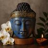 Buddha Head Statue Hand Carved Blue Wood 25cm