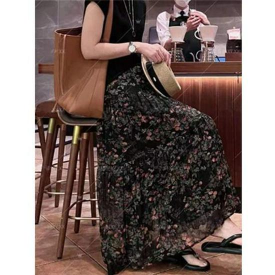 French Pleated Floral Midi Skirt - Women's Slimming High Waist A-Line