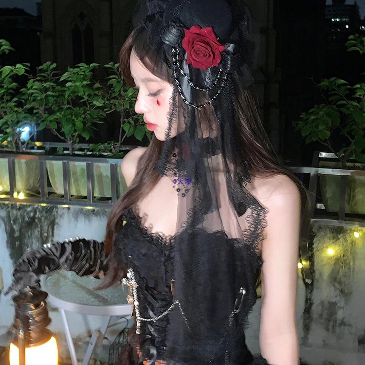 Velo de Encaje de Novia Fantasma de Halloween con Mini Sombrero de Copa de Rosa