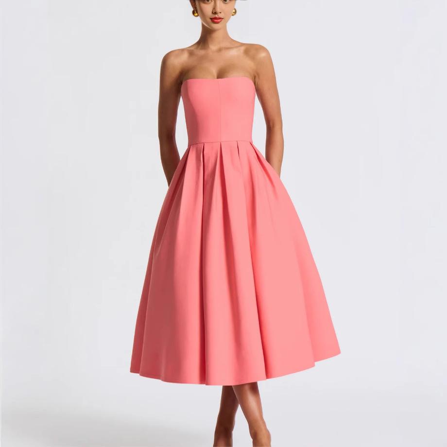 Women's Strapless Sleeveless Slim High Waist Pleated A Line Midi Dress Party Dress