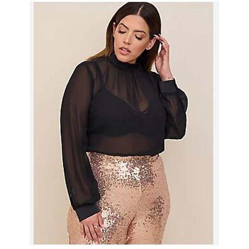 

100.00kg Summer New Arrival Plus Size Women s Chiffon Thin Sexy Long Sleeves Blouse Transparent Tops Fat Girl Export Export Black blemish 1 piece